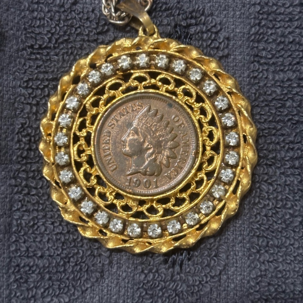 Vintage-Inspired Gold Silver Toned Indian Head Penny Coin Necklace Rhinestones